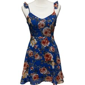Alta‎ D'State XS Blue Floral Print Mini Dress Sleeveless Open Back Party